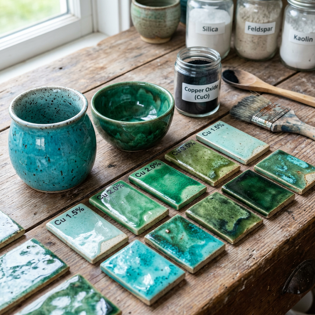 Ceramic tiles with varying copper oxide percentages showing different green and turquoise glaze colors